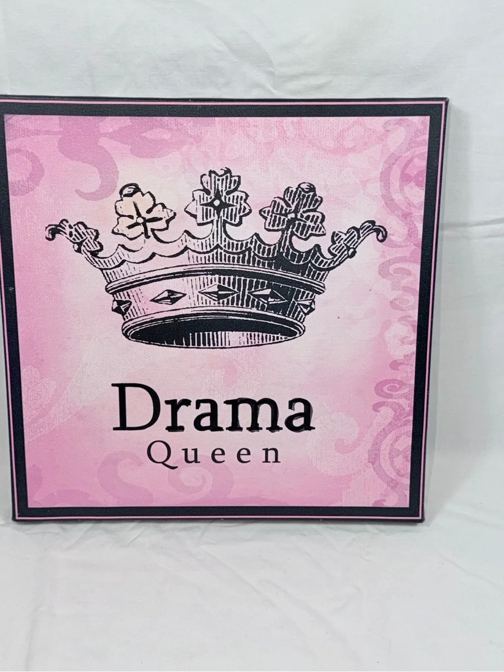 Drama Queen Pink Crown Wall Art Vintage Style Square Frame Girls Room Decor